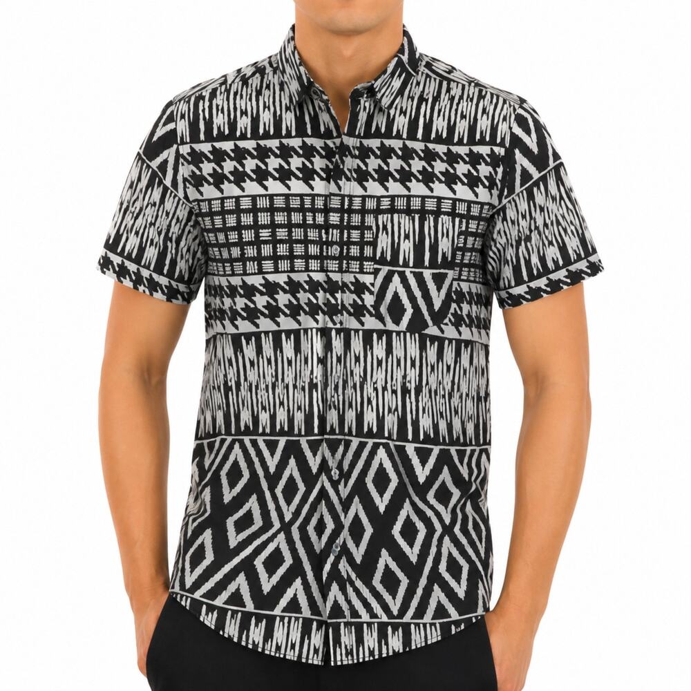 Carbon Shirt Mens Small Geometric Aztec Print Button Up Pocket Casual